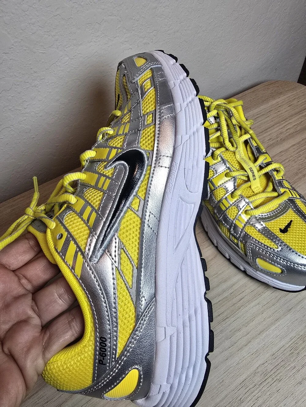 Nike P-6000 Yellow Metallic Silver Boys 7 7Y Or Womens 8.5